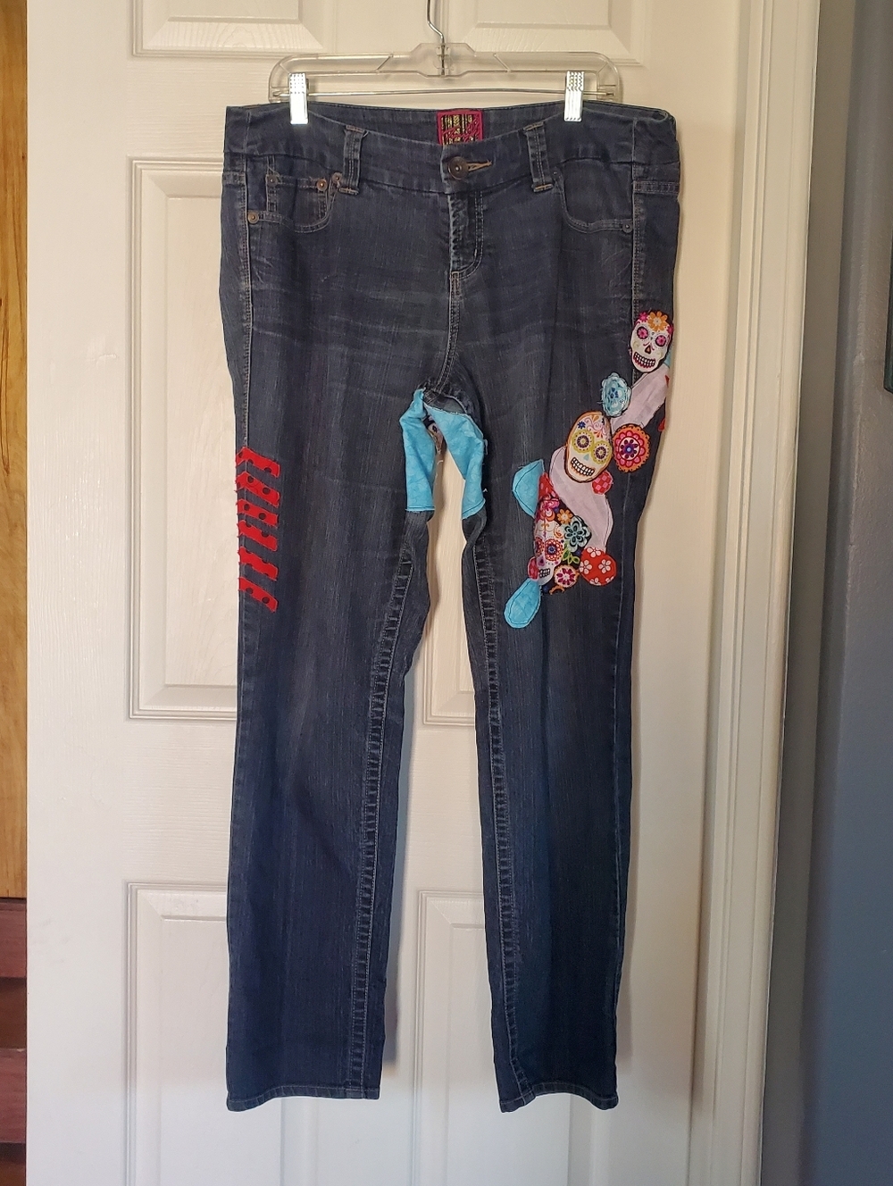 Torrid Straight Leg Jeans Patchwork Skulls Floral Denim Blue Mid-rise Preppy 16